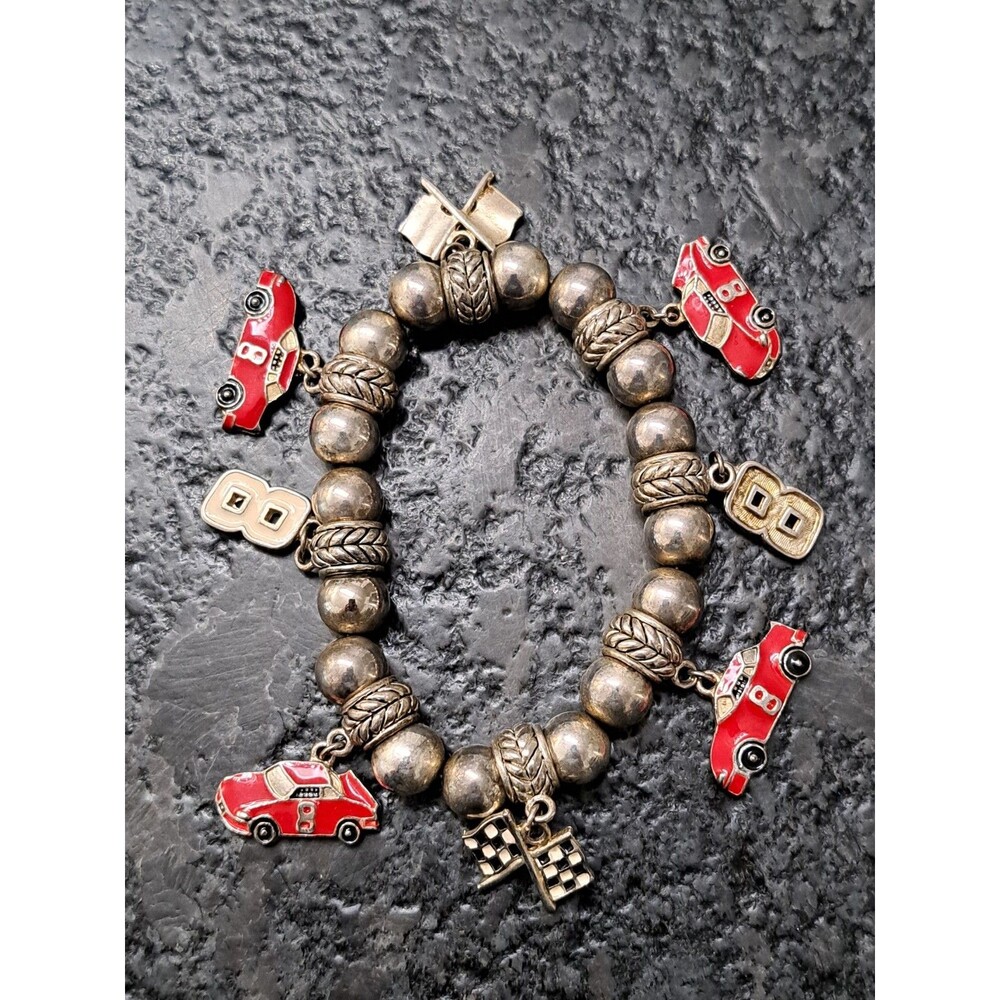 Dale Earnhardt Jr Racing Charm Bracelet Beaded Stretch Silver Tone
